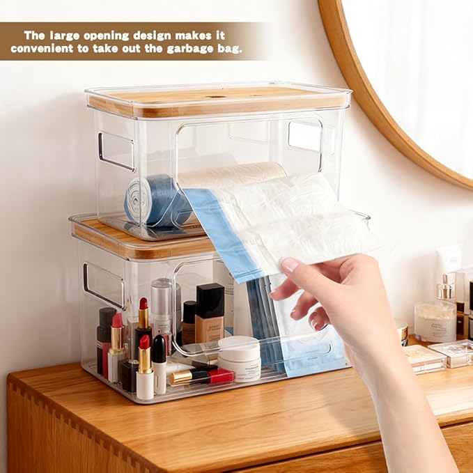 Trash Bag Dispenser Holder -Plastic Garbage Bag Pantry Organizer, Clear Large Laundry Pods Container with Lid, Stackable Under Sink Kitchen Laundry Room Organization and Storage