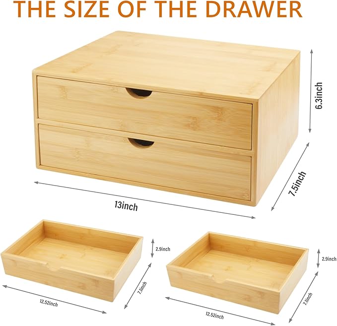 Bamboo Desk Organizer With Drawers Countertop Drawers 2 Drawers Counter Storage Box Corner Desk Organizer for Home Office No Assembly Required