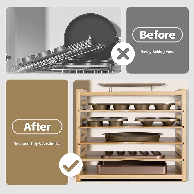 6 Tier Wooden Cabinet Tray Dividers for Baking Trays, Pans & Cutting Boards - 16.61" W x12.4 D x14.09 H Vertical Cookie Sheet Organizer, Spoon Rest, Utensil Holder, Kitchen for Pots Pans Storage