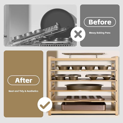 6 Tier Wooden Cabinet Tray Dividers for Baking Trays, Pans & Cutting Boards - 16.61" W x12.4 D x14.09 H Vertical Cookie Sheet Organizer, Spoon Rest, Utensil Holder, Kitchen for Pots Pans Storage