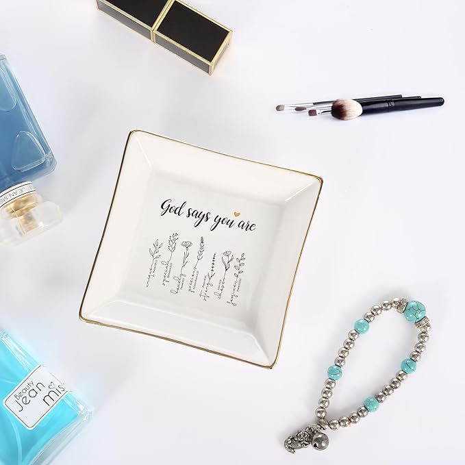 JOYIMARR God Says You Are Flower Ring Dish-Christian Religious Spiritual Gifts for Women Friends Mom Sister Christmas Birthday