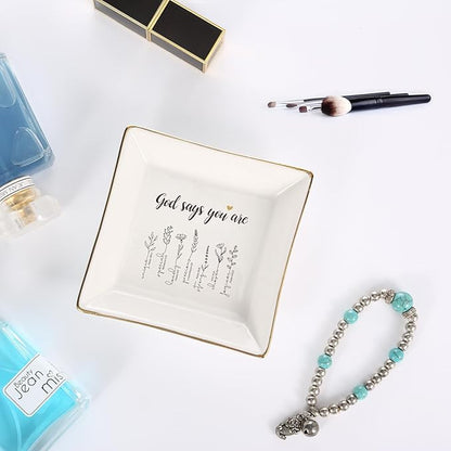 JOYIMARR God Says You Are Flower Ring Dish-Christian Religious Spiritual Gifts for Women Friends Mom Sister Christmas Birthday