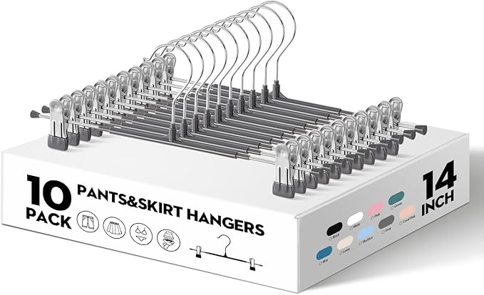 HWAJAN 10PACK 14Inch Pants Hangers with Clips Adjustable Skirt Hangers for Women Metal Non-Slip Trousers Hanger Heavy Duty Space Saving Clothes Hanger for Shorts,Jeans,Gray