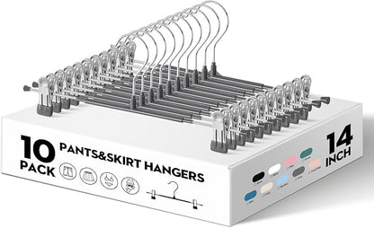 HWAJAN 10PACK 14Inch Pants Hangers with Clips Adjustable Skirt Hangers for Women Metal Non-Slip Trousers Hanger Heavy Duty Space Saving Clothes Hanger for Shorts,Jeans,Gray