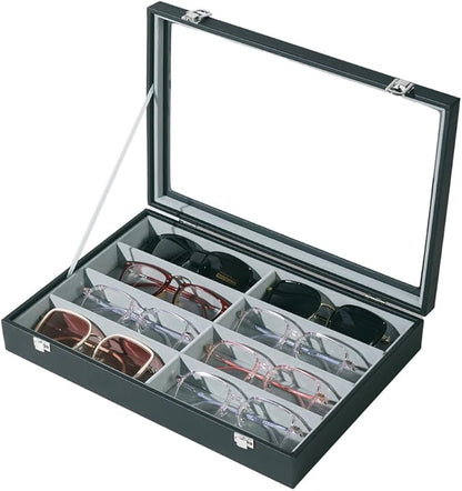 XHMQYC Glasses Holder Box Drawer Sunglass Organizer for Men Clear Wide Storage Case 8 Slots Multiple Reading Glasses Display, Black Leather With Clear Glass Lid