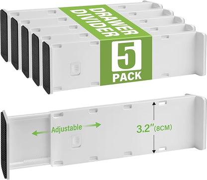 5 Pack Drawer Dividers 3.2" High Slim Organizers Expandable 10.8-17.9" Adjustable Separators for Shallow Drawers Kitchen Utensils Baby Clothes Underwear Storage-White