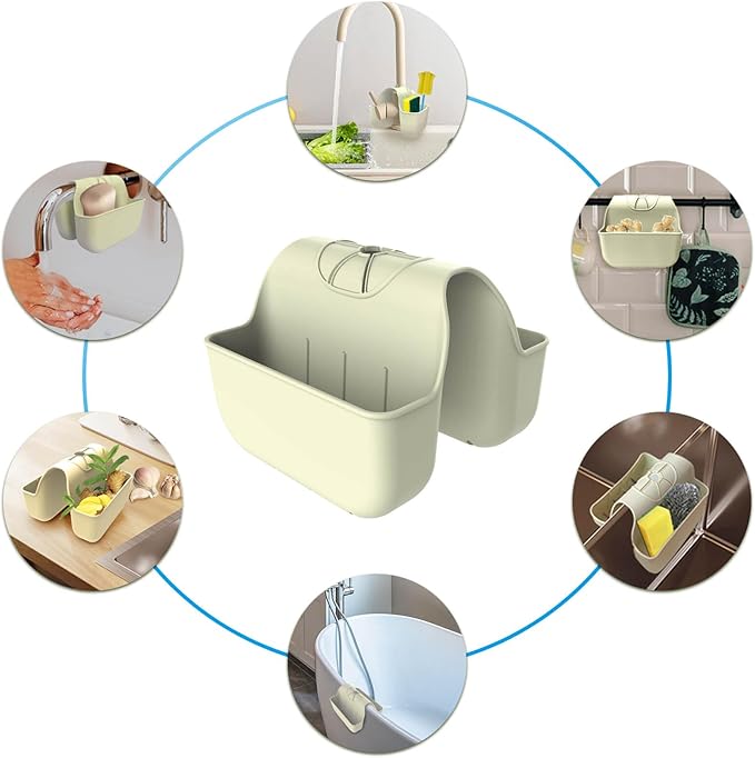 VPASION Sponge Holder for Kitchen Sink, Silicone Sink Saddle Caddy Organizer Rack, Sponges Holder Over Faucet, Hanging Kitchen Organizer Accessories Rack Basket Beige