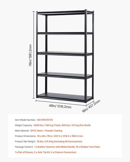 VEVOR Storage Shelves, 3000 lbs, 5 Tier Garage Storage Shelving, 18" D x 48" W x 78" H Adjustable Metal Shelves for Garage Shelves Utility Rack Shelf, Ideal for Kitchen, Warehouse, Basement, Black