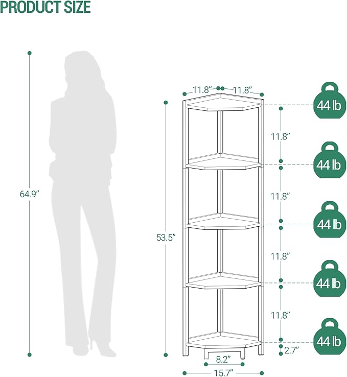 Corner Shelf Stand, Corner Bookshelf, Storage Standing Shelf Unit with Metal Frame, Plant Stand, Corner Bookcase for Living Room, Home Office, Bedroom, 5-Tier Greige CS05905B