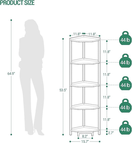 Corner Shelf Stand, Corner Bookshelf, Storage Standing Shelf Unit with Metal Frame, Plant Stand, Corner Bookcase for Living Room, Home Office, Bedroom, 5-Tier Greige CS05905B