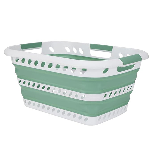 Collapsible Laundry Basket | Portable | Space Saver Storage | Hold 2 Loads | Store Under the Bed or Closet | Good for Kids | Dorm | Bedroom | Large | White/Sage
