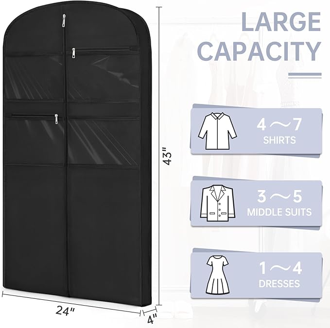 43" Garment Bag for Travel for Hanging Clothes Storage Hanging Suit Cover with Zipper and Accessory Storage for Coats, Dresses, Suits