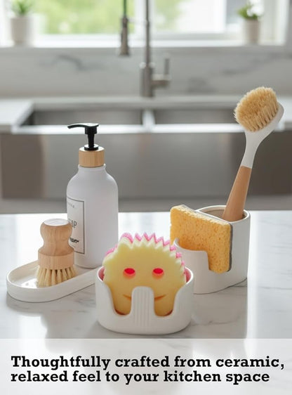 BekPooQ Ceramic Sponge Holder, 2-Slot Dish Sponge Holder for Kitchen Sink, Keeps Sponges Dry & Countertop Clean, Rust-Free & Dishwasher Safe, Stylis Design, Modern White