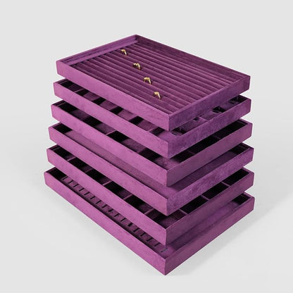 Velvet Jewelry Display Tray For Bracelet Pendant Necklace, Multi-Slot Stackable Storage Tray For Long Chain Jewelries, Drawer Insert Jewelry Organizer (Purple)