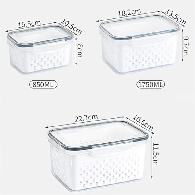 Organizeh Household Transparent Plastic Food Storage Box-Including Drain Basket, Portable Breathable Multifunctional Basin, Fruit Storage Containers for Fridge with Removable Colander (Grey)