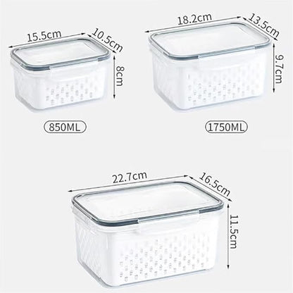 Organizeh Household Transparent Plastic Food Storage Box-Including Drain Basket, Portable Breathable Multifunctional Basin, Fruit Storage Containers for Fridge with Removable Colander (Grey)