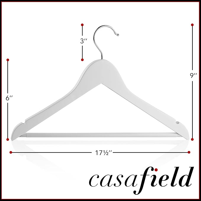 Casafield - 40 White Wooden Suit Hangers - Premium Lotus Wood with Notches & Chrome Swivel Hook for Dress Clothes, Coats, Jackets, Pants, Shirts, Skirts