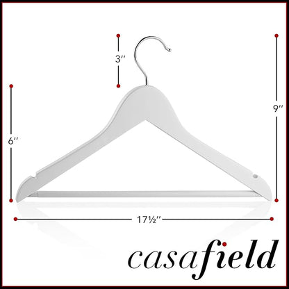 Casafield - 10 White Wooden Suit Hangers - Premium Lotus Wood with Notches & Chrome Swivel Hook for Dress Clothes, Coats, Jackets, Pants, Shirts, Skirts