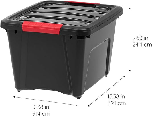 IRIS USA 19 QT Plastic Storage Box with Lid and Latches - 6 Pack - BPA-Free, Garage Organizing Solution, Durable Nestable Stackable Containers, Secure Pull Handle - Black