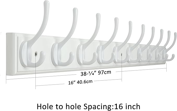 WEBI Coat Rack Wall Mount,10 Hooks,38 1/4" Long,Coat Hooks Wall Mounted,Bamboo Coat Hanger Wall Hook Rack,Jacket Hooks for Hanging Coats,Clothes,White,2 Packs