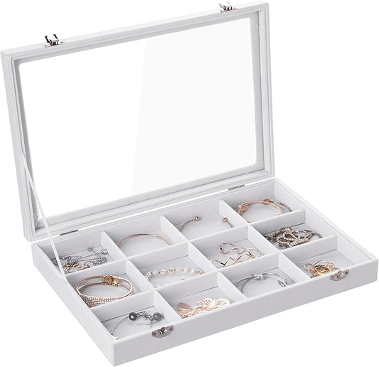 Frebeauty Velvet Jewelry Tray,12 Grid Jewelry Organizer with Clear Lid,Bracelets Holder,Jewelry Display Case with Clasp,Drawer Insert Bangle Brooch,13.8 x 9.5 x 2 Inches,Gift for Women Girls(White)