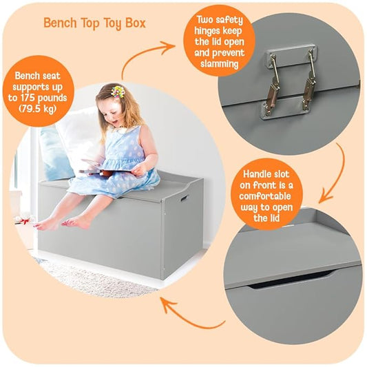 Badger Basket Bench-Top Wooden Toy Box in Gray – Safe Storage Chest with Dual Safety Hinges, Side Handles, and Front Slot