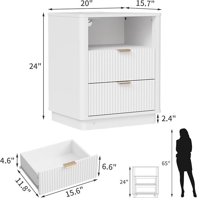 BONITURE Fluted Night Stand Set of 2, Curved Nightstands with Charging Station Lighting, Wood End Table with 2 Drawers, Modern Side Table Storage Cabinet for Bedroom Office,(2, White)