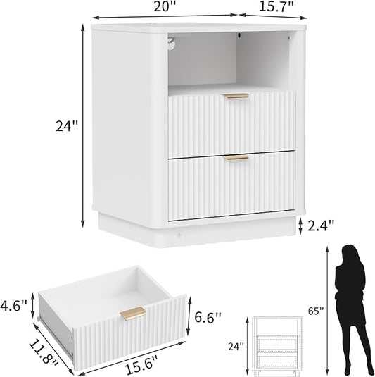 BONITURE Fluted Night Stand Set of 2, Curved Nightstands with Charging Station Lighting, Wood End Table with 2 Drawers, Modern Side Table Storage Cabinet for Bedroom Office,(2, White)