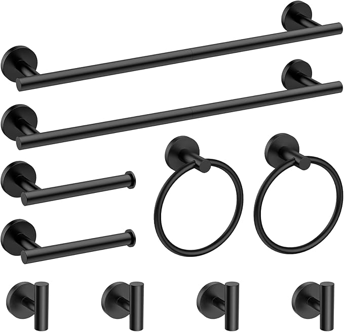 Newfun 10-Pieces 24 Inch Matte Black Bathroom Hardware Set, Includes 24 Inch Towel Racks for Bathroom Wall Mounted, Toilet Paper Holder, Towel Hooks for Bathrooms, Towel Rings for Bathroom Wall