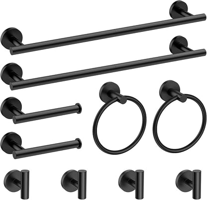 Newfun 10-Pieces 24 Inch Matte Black Bathroom Hardware Set, Includes 24 Inch Towel Racks for Bathroom Wall Mounted, Toilet Paper Holder, Towel Hooks for Bathrooms, Towel Rings for Bathroom Wall