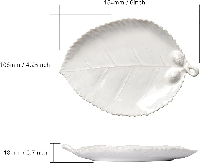 Ceramic Jewelry Dish, Decorative Tray for Rings Earrings Necklaces Bracelet Watch Keys, 4.50" Trinket Tray as Gifts for Women (White Leaf)