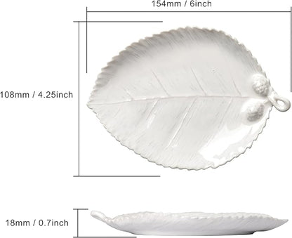 Ceramic Jewelry Dish, Decorative Tray for Rings Earrings Necklaces Bracelet Watch Keys, 4.50" Trinket Tray as Gifts for Women (White Leaf)