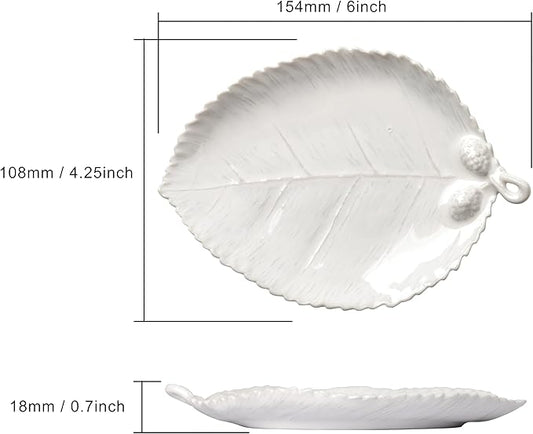 Ceramic Jewelry Dish, Decorative Tray for Rings Earrings Necklaces Bracelet Watch Keys, 4.50" Trinket Tray as Gifts for Women (White Leaf)