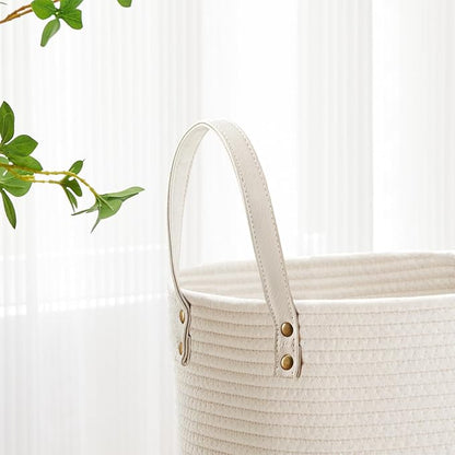 VIPOSCO Tall Laundry Basket, Large Dirty Clothes Hamper with Leather Handle, Woven Rope Storage Basket for Blanket, Toy In Living Room, Bathroom, Bedroom - 58L White