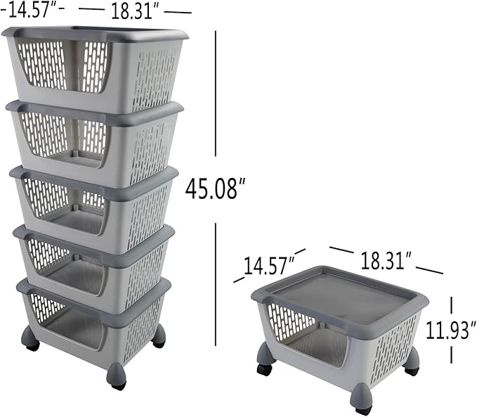 Cand 5-Pack Large Stackable Storage Bins, Plastic Stacking Baskets for Fruit, Vegeable, Snacks, Grey