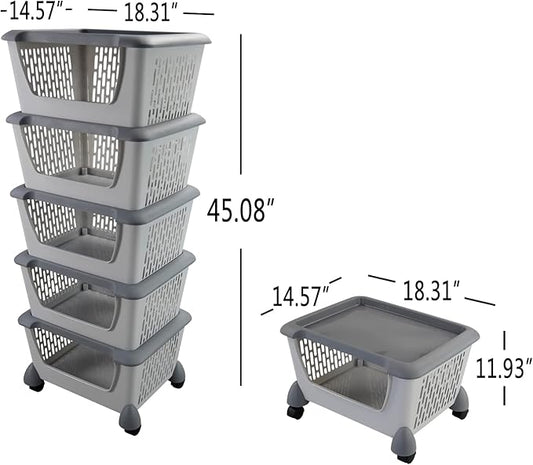 Cand 5-Pack Large Stackable Storage Bins, Plastic Stacking Baskets for Fruit, Vegeable, Snacks, Grey
