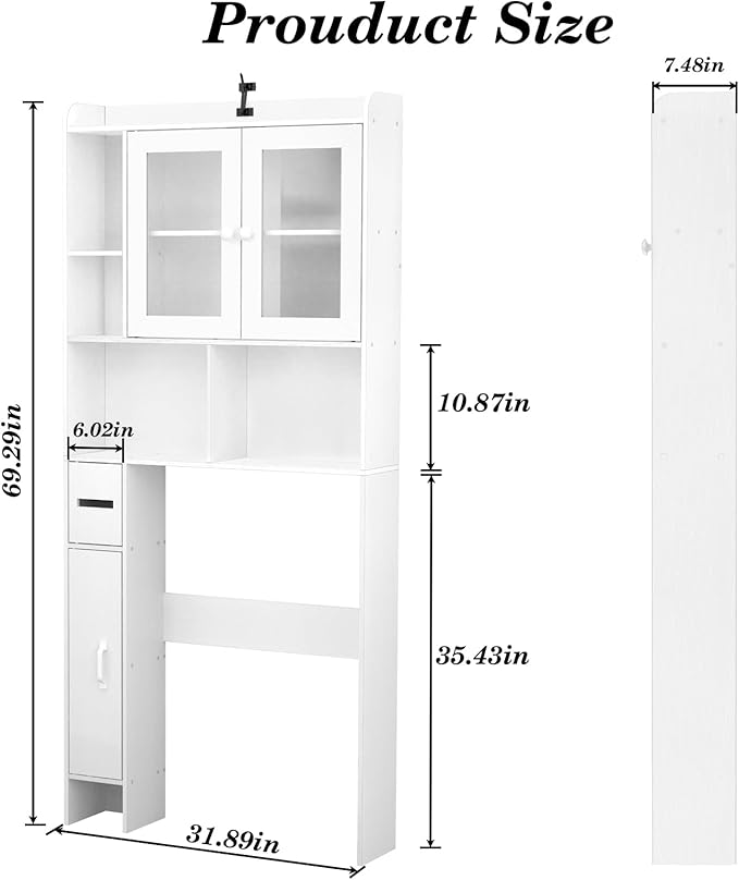 OGEMXU Over The Toilet Storage Cabinet, Behind Toilet Bathroom Organizer with Transparent Doors, Home Space-Saving Above Toilet Shelf Rack, for Bathroom, Restroom, Laundry (White)