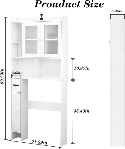 OGEMXU Over The Toilet Storage Cabinet, Behind Toilet Bathroom Organizer with Transparent Doors, Home Space-Saving Above Toilet Shelf Rack, for Bathroom, Restroom, Laundry (White)