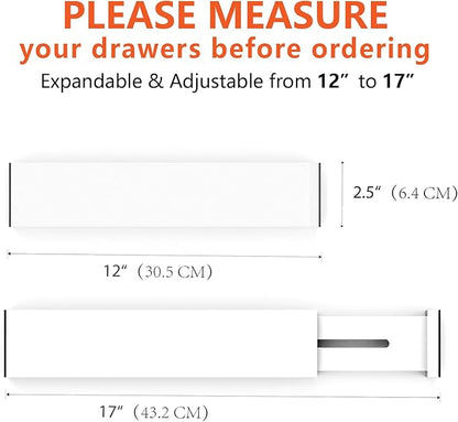 4 Pack Bamboo Drawer Dividers 2.6" High, Adjustable Length from 12 Inch to 17 Inch, Expandable Kitchen Drawer Organizer Separators for Clothes, Kitchen, Bedroom, Dresser, Office (White)