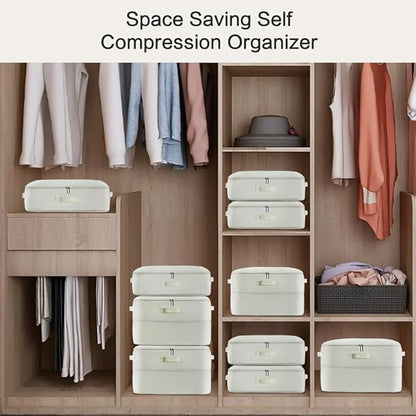 Geernioy Ultra Space Saving Self Compression Storage Bags with Zipper, (Beige) -Compression Organize for Bedding, Comforter Storage Bag for Blankets Duvet Quilts Pillows