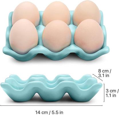 Flexzion Porcelain Egg Crate - 6-Egg Capacity Ceramic Egg Tray, Half Dozen Egg Holder for Fridge, Countertop Display - Blue Decorative Serving Dish and Storage Organizer, 2 Pack