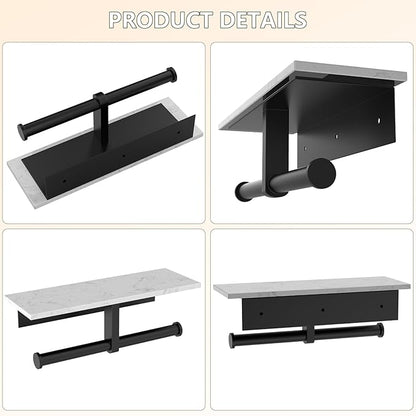 Marble Toilet Paper Holder with Shelf,Doulble Bathroom Tissue Roll Holder,304 Stainless Steel Toilet Paper Holder Wall Mounted,Modern Tissue Holder for Bathroom Washroom,Matte Black