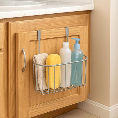 SKYREN Over Cabinet Door Organizer Basket, Satin Nickel Finish, Under Shelf Hanging Storage for Kitchen, Pantry, Bathroom, Laundry, 10.24 x 11.26 x 6.26 in