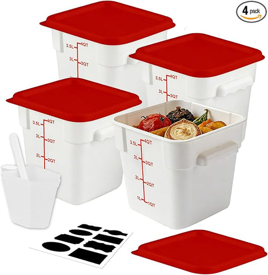 WELKOR Square Food Containers with Lids 4-Pack, Commercial Grade Airtight Plastic Bins for Restaurant Kitchen Pantry Storage, Freezer & Dishwasher Safe (Red, 4QT-4PACK)