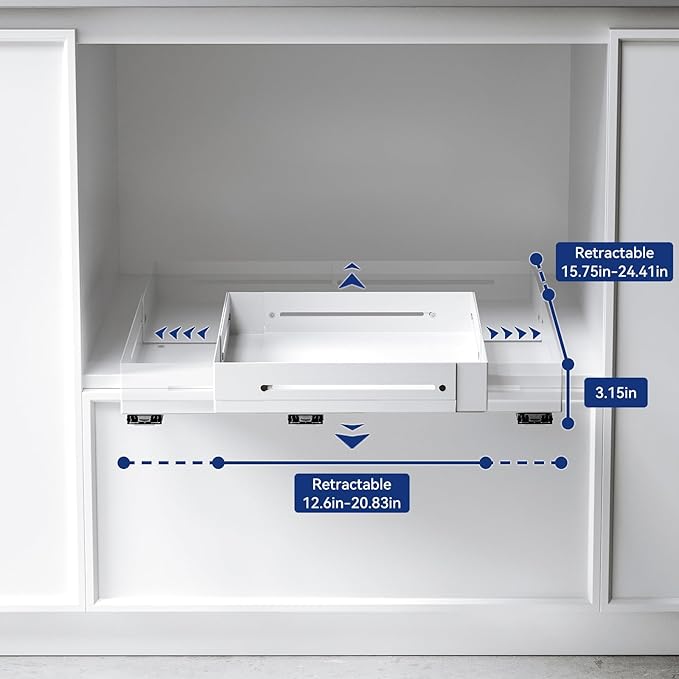 Pull-out Cabinet Organizer,Adjustable Depth(15.7"-24.4") And Width(12.8"-20.5"),3 Silent slides and 2 Support Pulleys,Easy to Assemble and Heavy-Duty Storing slide-out drawer,White