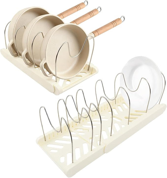 DiQiRenQin Pot and Pan Organizer, Expandable Pan Organizer for Cabinet, Pot Lid Holder with 10 Adjustable Compartments for Kitchen Cabinet Cookware Baking Frying Rack(White)