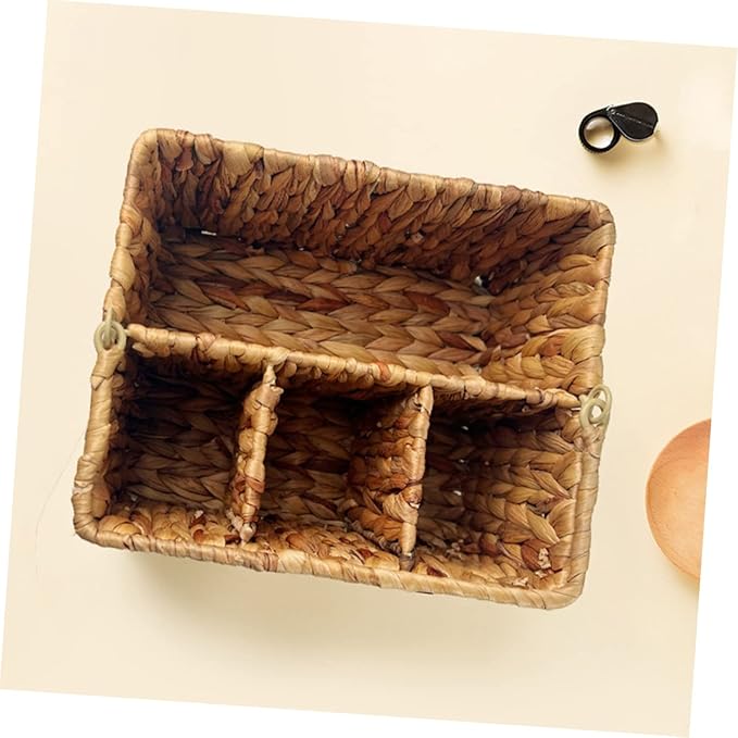 Woven Straw Storage Basket for Kitchen Home Decor Utensil Organizer Multi-compartment Cutlery Holder Folding Handle Natural Style