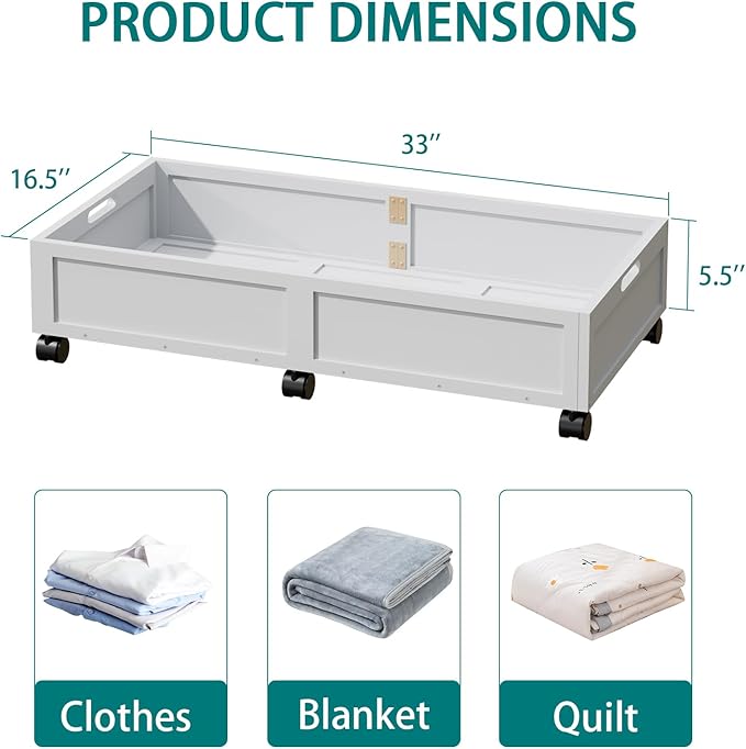 Wood Under Bed Storage Containers Underbed Organizer with Wheels with Large Capacity Dust Bag,Sturdy Wood Rolling Under Bed Shoe Storage Organizer 2 Packs (Walnut, Tall) (White, Large)