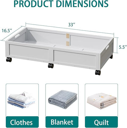 Wood Under Bed Storage Containers Underbed Organizer with Wheels with Large Capacity Dust Bag,Sturdy Wood Rolling Under Bed Shoe Storage Organizer 2 Packs (Walnut, Tall) (White, Large)