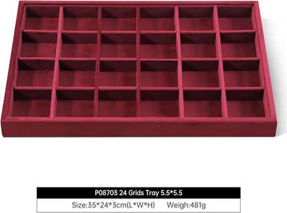 Velvet Stackable Jewelry Display Tray, 24 Grid Earring Ring Storage Tray, Drawer Divider Jewelry Accessories Organizer Plate (Red)